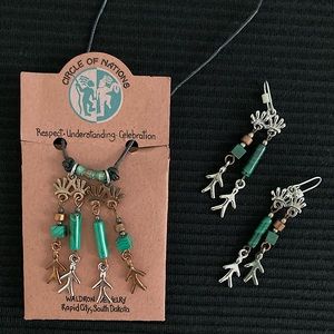 Vintage Handmade USA Native American Necklace Earrings Set Mixed Metal Malachite